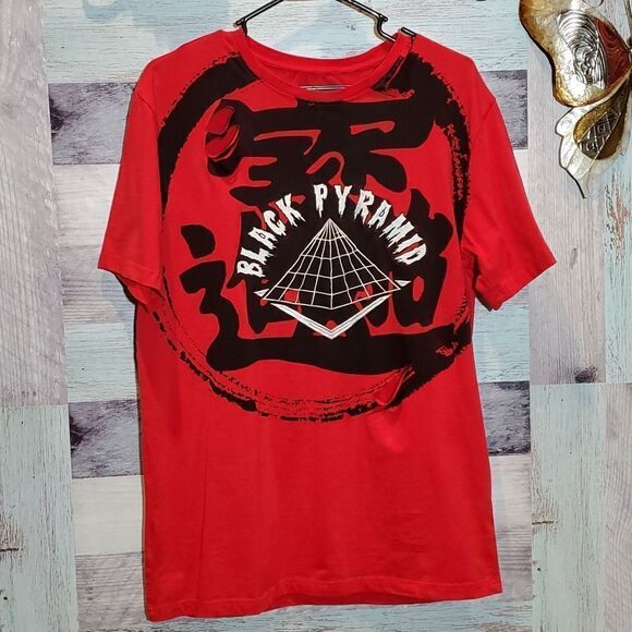 Black Pyramid Red Ripped Thrashed Embroidered Log TShirt Tee, Sz M Men's - Picture 1 of 8